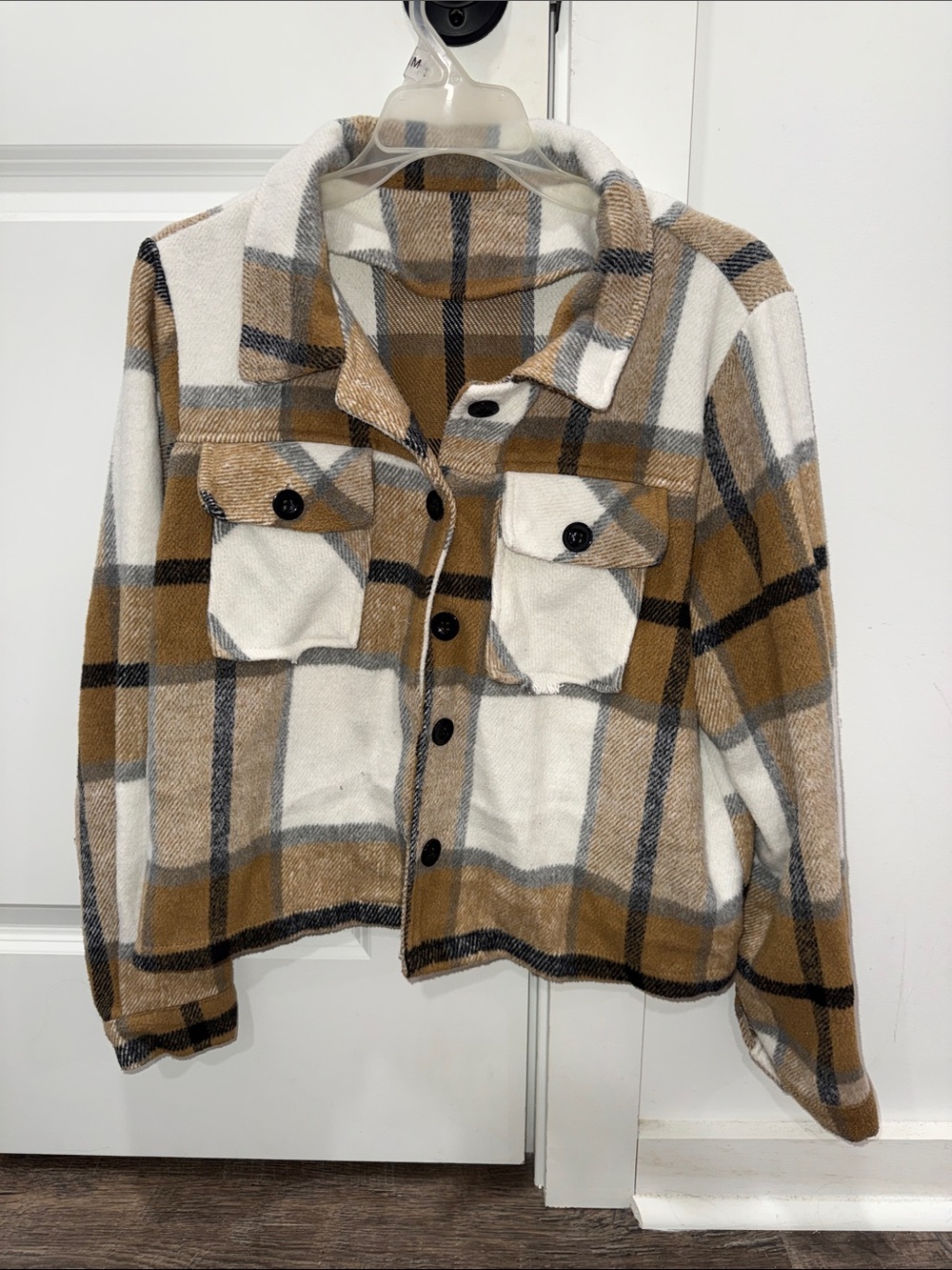 Plaid Button-Front Shacket Jacket in Tan and Cream